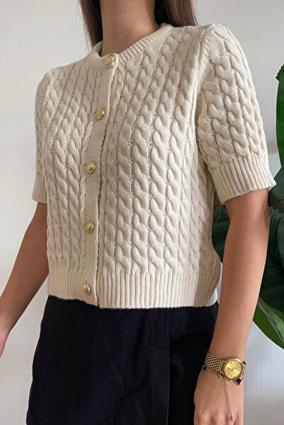 Nazline Women's Hair Braided Crew Neck Buttoned Short Sleeve Knitwear Cardigan