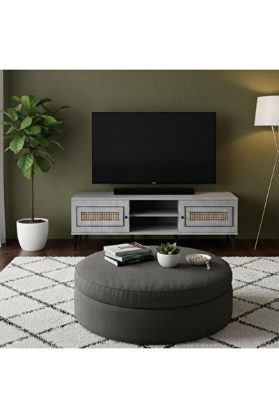 BAITY TV Table Malaysian Wood 160 cm, 2 Drawers and Shelves - Gray