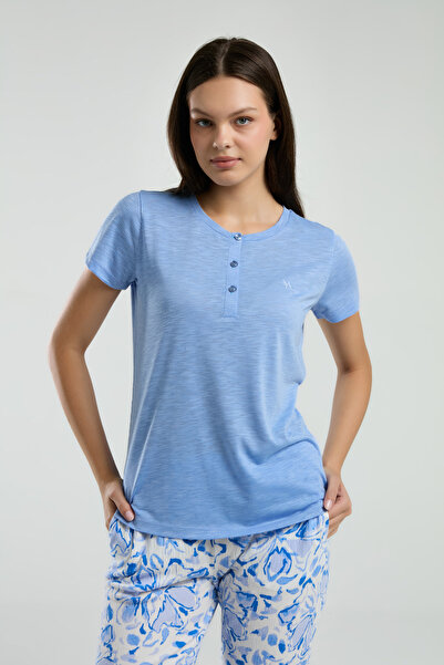 Alissa Women's Half Placket Short Sleeve T-Shirt Wrinkled Fabric Bottom Pajama Set