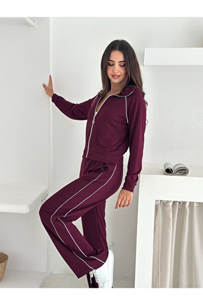 sportiness Wide Leg Tracksuit Set with Piping Detail