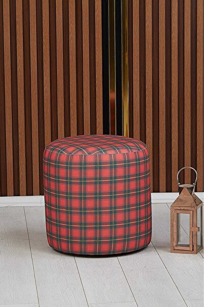 PUFYCO Kırmızı Ekose Desenli 40*40 Yuvarlak Puf