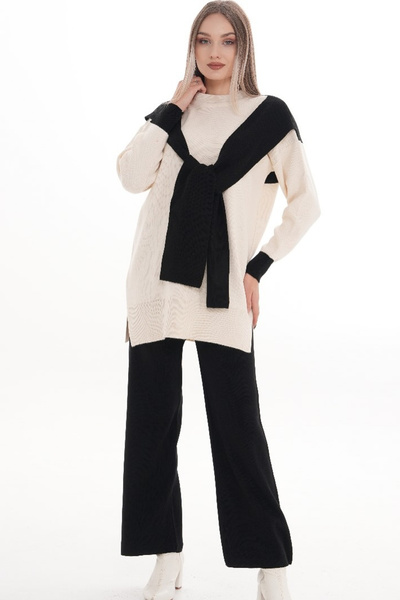 H&E LUXURY DESIGN Women's Black Ecru Knitwear Set – Oversized Sweater and Wide-Leg Pants
