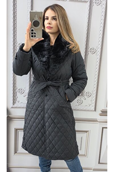 GLAMSI Geaca lungă damă cu guler detașabil din blană ecologică