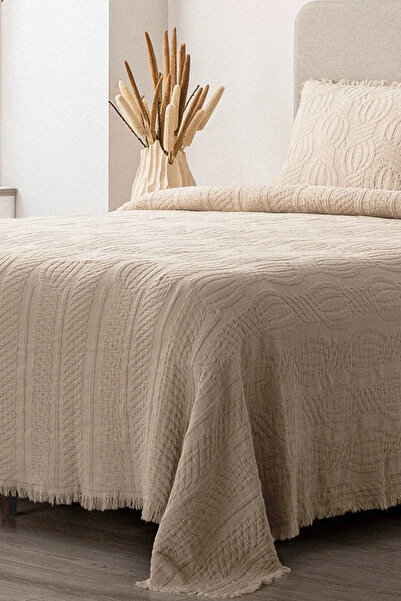 Ecocotton Hifa Beige Double Bed 100% Organic Cotton Throw - Bed Cover Set