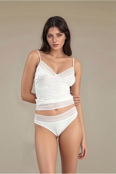 Alissa Women's Ecru Lace Detailed String Strap Tank Top & Slip Panty Camisole Set W6U0K.K.0A.
