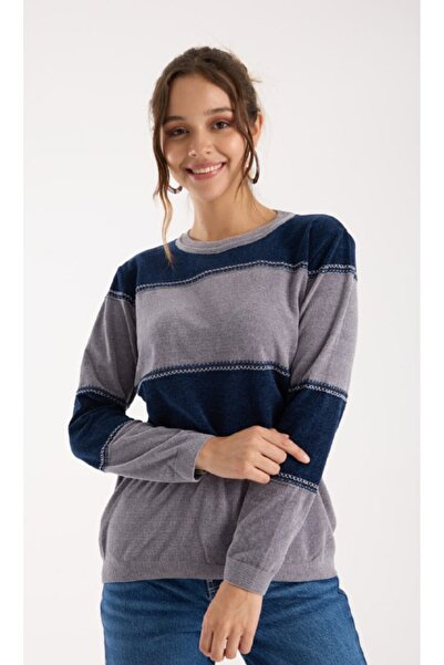 Coşkun GİYİM Women's Crew Neck Chenille Velvet Two-Tone Sweater Gray 9002