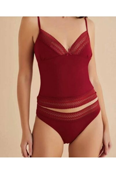 Alissa Women's Burgundy Lace Detailed Combed Cotton Tank Top Camisole Set