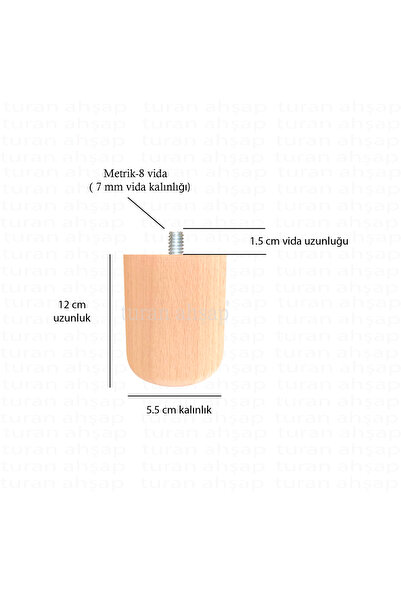 turanahşap Koltuk Ayağı - Sehpa Ayağı- Ahşap Mobilya Ayağı - Uzunluk: 12 Cm / Çap: 5.5 Cm