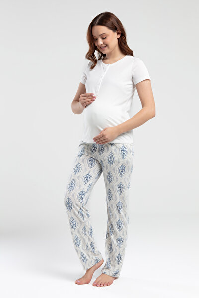 Alissa Women's Cream Half Button Short Sleeve T-Shirt Viscose Fabric Maternity Pajama Set W4.A3.K6.R7K