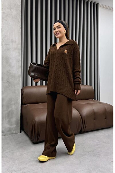 Cardella Polo Neck Teddy Bear Embroidered Knitwear Double Set |   Hijab-Friendly Pantsuit