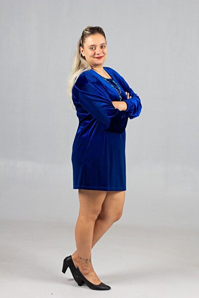 Truva XXL Maximal Elegance Plus Size Blue Velvet Tunic with Necklace