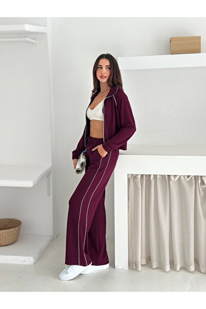 02Lady Fashion Soft Textured Piping Detailed Wide Leg Tracksuit Set