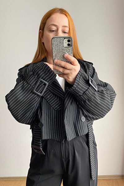 msendam Fast Perry Marka Kısa Boy İçi Astarlı Çizgili Kumaş Trençkot Ceket