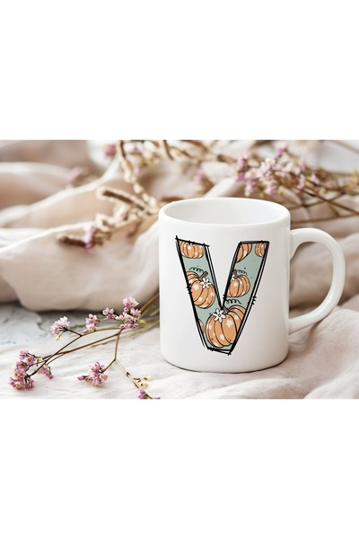 Beramussa V Letter Honey Pumpkin Patterned Mug - Halloween Themed Cute Cup - Gift