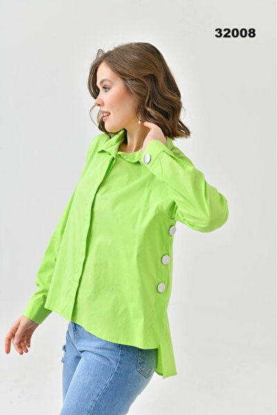 Lujiz Kadın Gömlek Önü Kısa Arkası Uzun Yanları Düğmeli Gömlek Yeşil - 32008