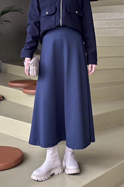 lamelif Fusta evazată din țesătură Scuba, albastru închis