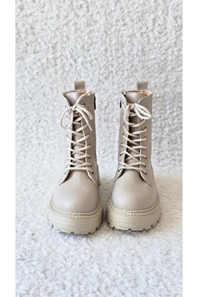 Melinta Shoes Melinta Fermuarlı Krem Bağcıklı Kadın Bot M0052
