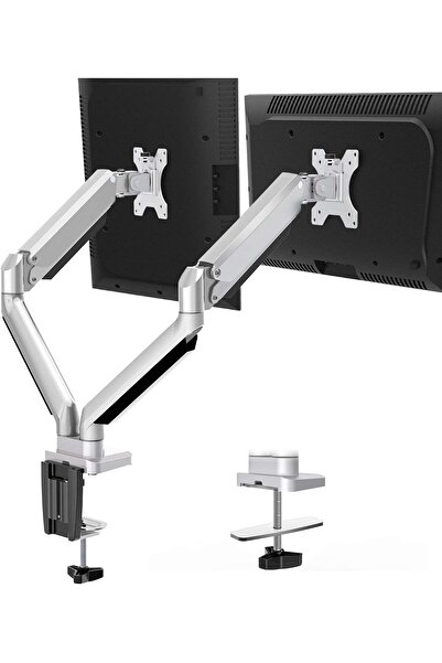 MOUNTUP حامل شاشة مزدوج على المكتب، ذراع شاشة مزدوج قابل للتعديل بالكامل مصنوع من الألومنيوم المصبوب مع رشاش غاز