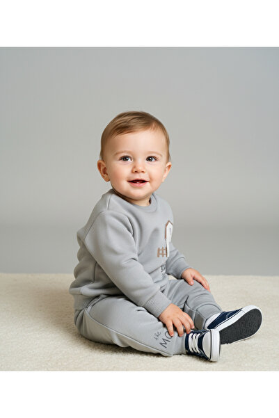 İggy 3 Thread Raised Embroidery Farm House Printed Gray Baby Sweatshirt and S...