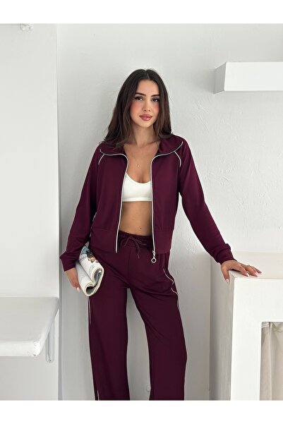 02Lady Fashion Soft Textured Piping Detailed Wide Leg Tracksuit Set