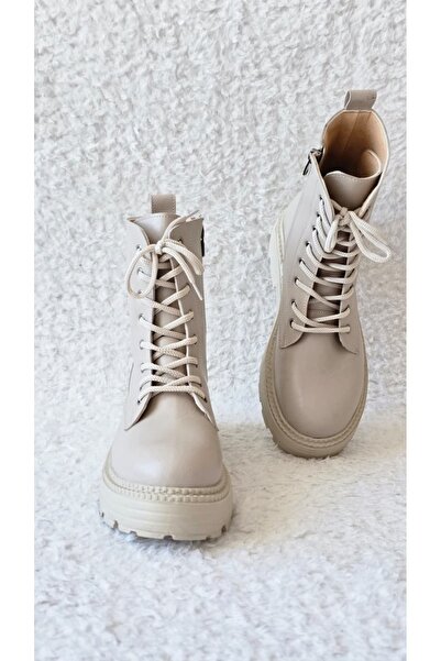 Melinta Shoes Melinta Fermuarlı Krem Bağcıklı Kadın Bot M0052