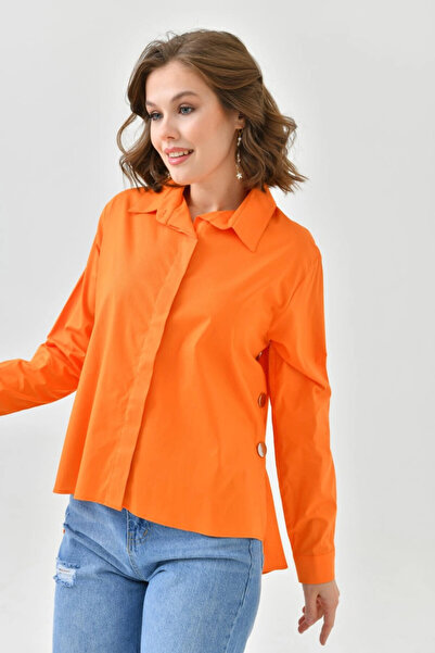 Lujiz Kadın Gömlek Önü Kısa Arkası Uzun Yanları Düğmeli Gömlek Turuncu - 32008