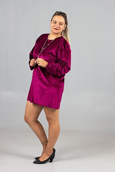 Truva XXL Maximal Elegance Plus Size Fuchsia Velvet Tunic with Necklace