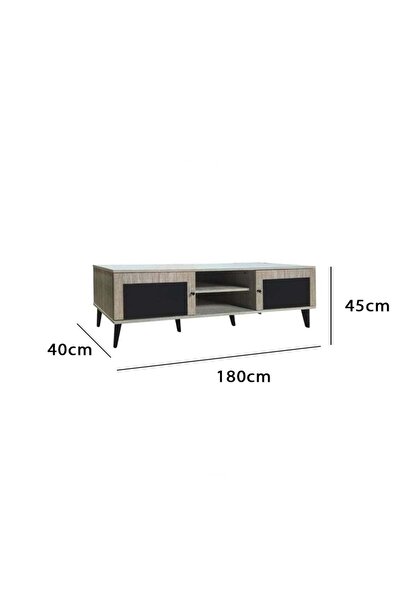 BAITY 10 Malaysian Wood TV Table 180 cm with 2 Drawers and Shelves - Beige and Black