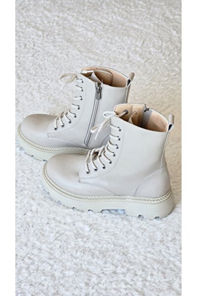 Melinta Shoes Melinta Fermuarlı Krem Bağcıklı Kadın Bot M0052