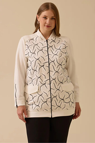 Galaxia Women's Large Size Patterned Zippered Cap - Ecru