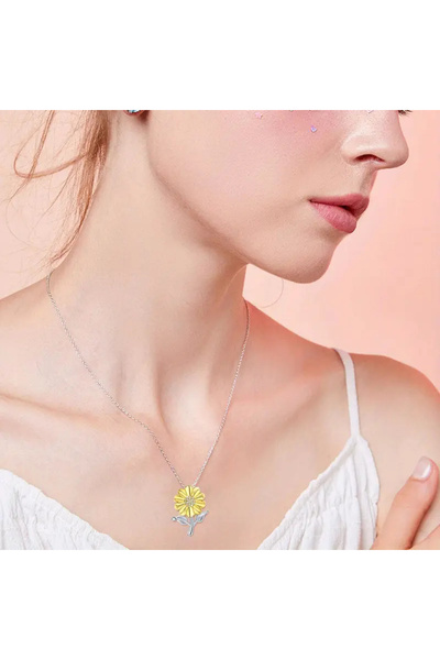 shellwetr Kadın Kolye Güneş Çiçeği Kadın Kolye Büyük Sarı Çiçek 925 Ayar Gümü...