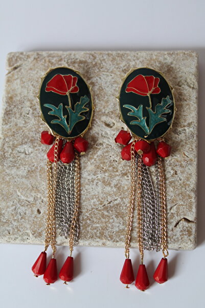 Luvix Design Red Poppy Flower Patterned Chain Detailed Earrings