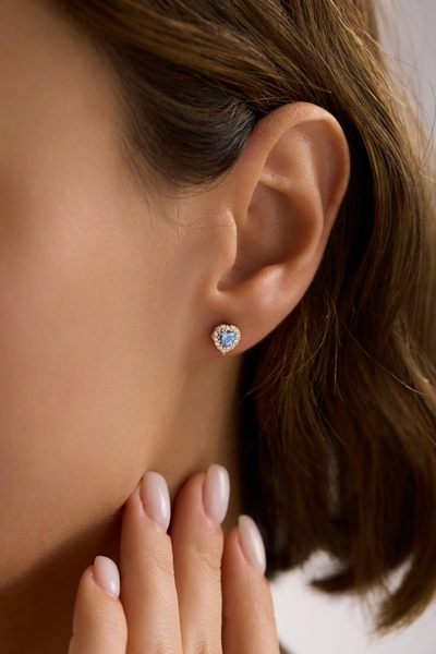 Nereze 925 Ayar Gümüş Gold Kaplama Aquamarin Taşlı Kalp Model Küpe