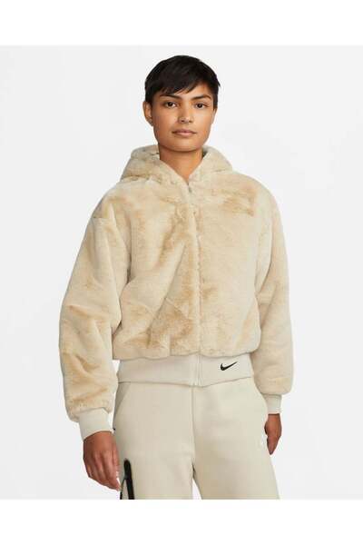Nike Sportswear Essentials Faux Fur Coat Jacket Beige Black DD5116 206