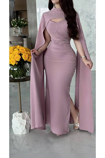 Generic Elegant lilac evening dress with pearl-studded cape