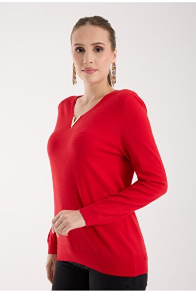 Coşkun GİYİM Women's V-Neck Accessory Sweater Red 311863