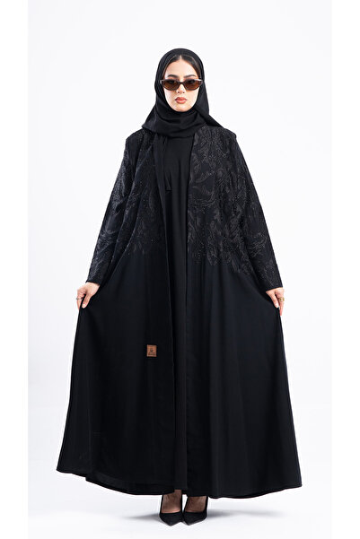 Hasnaa Abaya عباية درة بتطريز اسود مع خرز اسود