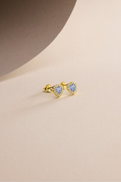 Nereze 925 Ayar Gümüş Gold Kaplama Aquamarin Taşlı Kalp Model Küpe