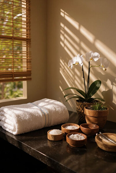 Ercahome tekstil %100 Pamuklu krem rengi mavi biyeli çok şık ve yumuşak banyo...