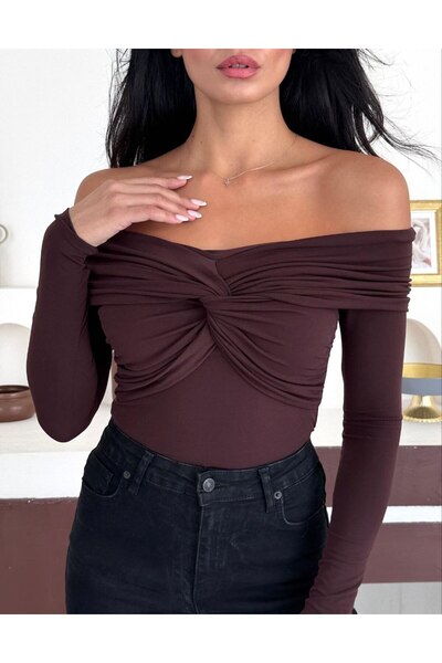 REELMODA Дамска кафява блуза с мадона яка, детайл с възел отпред и дълги ръкави, шик Sendy