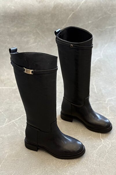 topuksarayı Kadın frida düz taban tokalı çizme - siyah deri