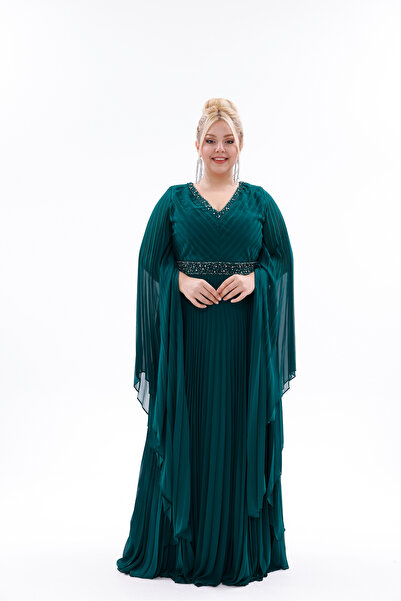 BDM Exclusive Saten Piliseli Taş İşlemeli Büyük Beden Abiye Elbise