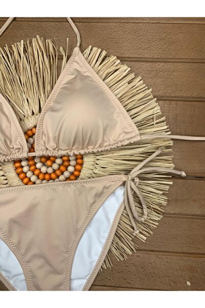 Genel Markalar Kadın Açık Bej Likralı Esnek Yandan Ve Boyundan Bağlamalı Şık İpli Üçgen Bikini Takım