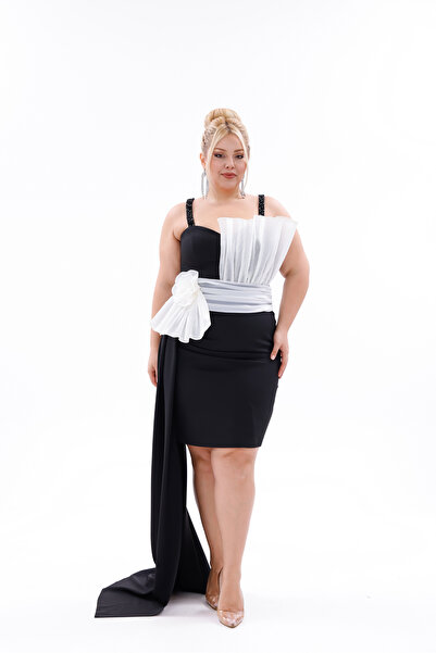 BDM Exclusive Krep Drapeli Tek Taraf Uzun Kuyruklu Büyük Beden Abiye Elbise