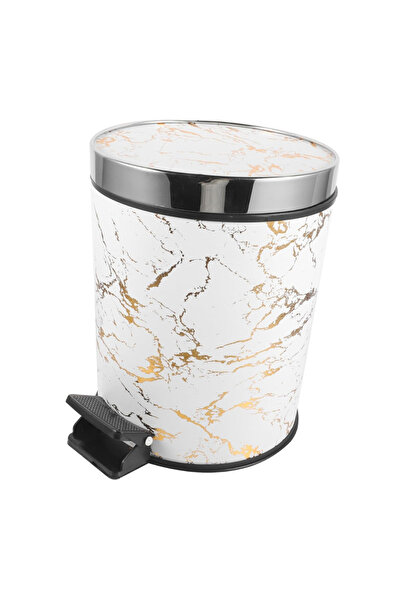 LYOBEST Round waste bin with foot pedal, 15L, Marble design White-gold, for bathroom, kitchen, office