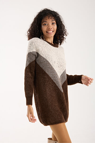 Moda Days Women's Bitter Brown Glittery Beard Yarn Color Block Crew Neck Knitwear Sweater