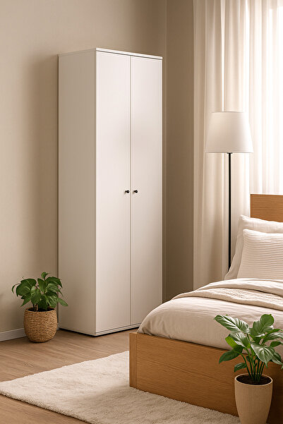 MARIA HOMES خزانة ملابس عصرية بيضاء - ١٩٦×٦٢×٣٦ سم | خزانة تخزين أنيقة ببابين...