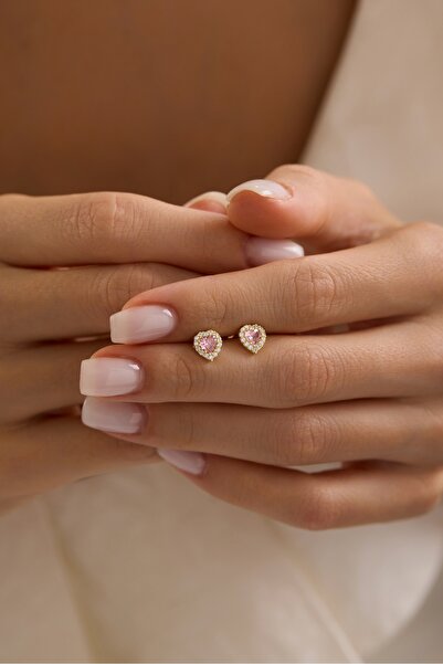 Nereze 925 Ayar Gümüş Gold Kaplama Pembe Taşlı Kalp Model Küpe