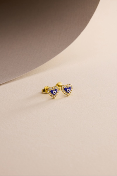 Nereze 925 Ayar Gümüş Gold Kaplama Nazar Kalp Model Küpe