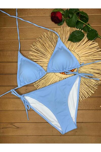 VAJESTO Kadın Bebe Mavisi Likralı Yandan Boyundan Bağlamalı Şık İpli Üçgen Bikini Takım